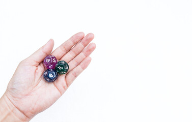 Dice divination in girl hand isolate on white background, astrological dices fortune telling...