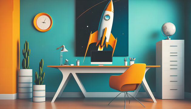 Rocket Office Desk Worker blast off marketing and sales graphics trichromatic color scheme for graphic designers copy space room for print