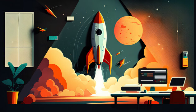 Rocket Office Desk Worker blast off marketing and sales graphics trichromatic color scheme for graphic designers copy space room for print