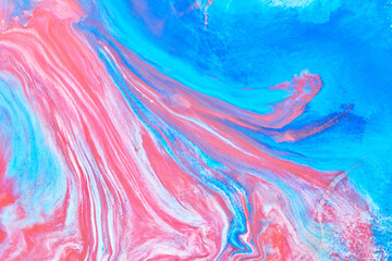 Fototapeta na wymiar Multicolored creative abstract background. Texture of acrylic paint. Stains and blots of alcohol ink pink blue colors, fluid art.