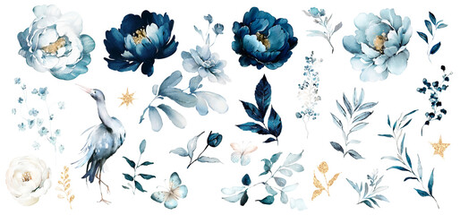 blue watercolor arrangements with flowers, set, bundle, bouquets with wildflowers, leaves, branches. Botanical illustration - 601395056