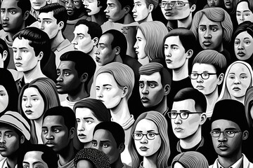 Gray scale diverse people crowd abstract art seamless pattern. Multi-ethnic community, big cultural diversity group background illustration in modern collage painting.  Generative Ai. PNG
