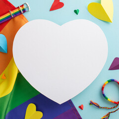 Vertical square top view of LGBT pride accessories, including a rainbow flag, wristlet, pin badges, on a pastel blue background with an empty heart for ad, representing the LGBT History Month concept