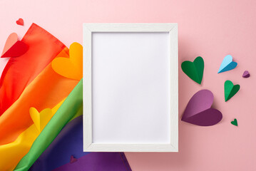 Celebrate LGBT History Month with this eye-catching design featuring a top view of rainbow flag, colorful hearts, and empty photo frame on a light pink backdrop. The blank space provides space for ad