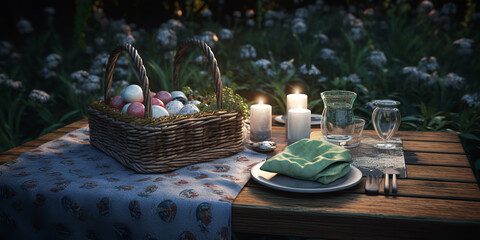 Happy easter. Lunch in summer rustic garden. Outdoors dinner. Summertime holidays. wooden table with tasty food,eggs, candle, on sunset light. Generative ai.