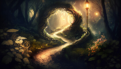 A fantasy landscape with a bridge and stairs leading to the forest.
