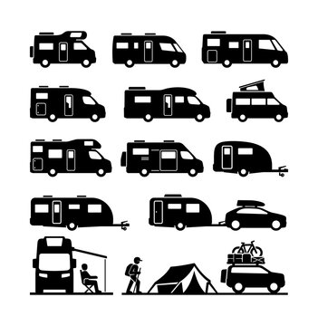 Recreational Vehicle Motorhome Campervan Caravan Vector Icons
