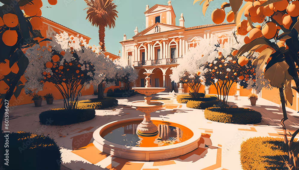 Poster a building with a fountain and orange trees in front of it