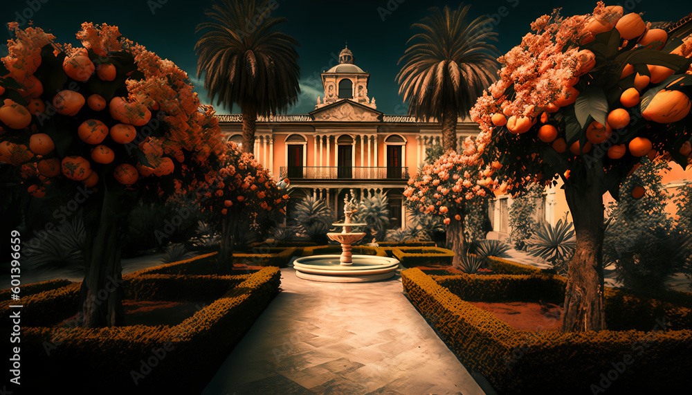 Poster a building with a fountain and orange trees in front of it