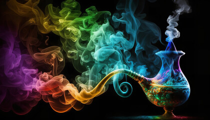 A colorful hookah with smoke coming out of it

