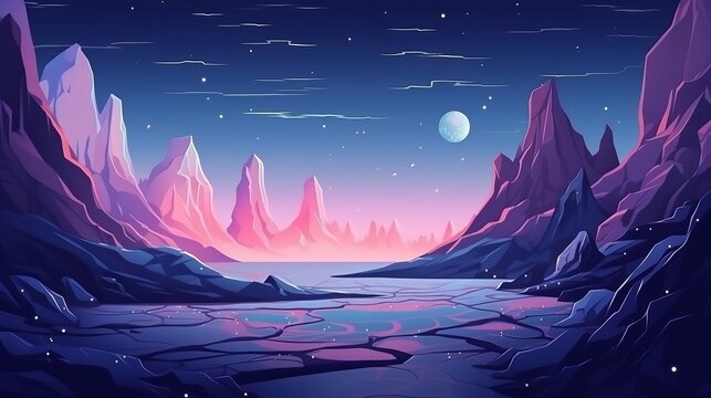 Cosmic Background, Alien Planet Deserted Landscape With Mountains, Rocks, Deep Cleft And Stars Shine In Space. Extraterrestrial Computer Game Backdrop, Parallax Effect generative ai