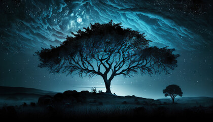 A blue tree with a starry sky
