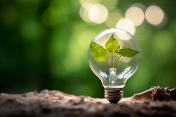 Renewable energy, sustainability, ecology concept. Light bulb with green plant inside over green background, Generative AI