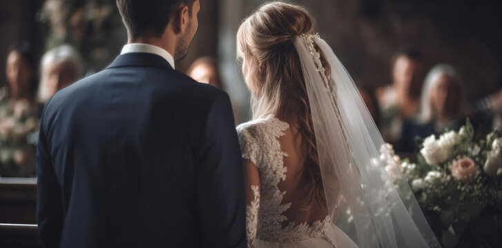 Back view of a bride and groom at a wedding ceremony, generative ai