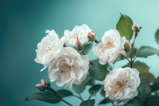 Beautiful fluffy branches of blooming shrub white rose against a turquoise background, isolated. Valentine's Day, Easter, Birthday, Happy Women's Day, Mother's Day.