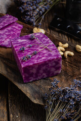 Lavender cheese on a wooden board