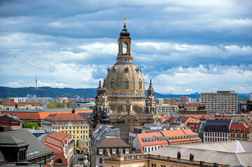 roofscape with dome of the "Frauenkirche (Church of our Lady)" in Dresden, Germany