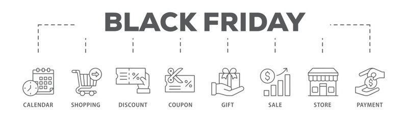 Black friday banner web icon vector illustration concept with icon of calendar, shopping, discount, coupon, gift, sale, store, payment
