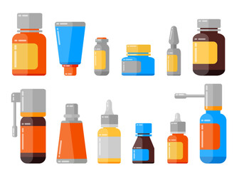 Big set of medical nasal drops, bottles with pills, sprey for throat, ampules and other medicine for healthcare. Illustration for websites, mobile applications, posters and banners. Medical concept