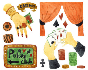Casino party. Design elements set. Retro watercolor illustration - 601398892