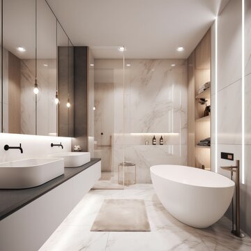 Refined 3D Rendered Designer Bathroom Showcasing a Stunning Freestanding Tub and Contemporary LED Lighting Effects..