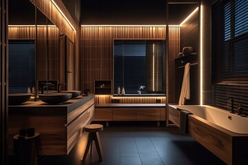 Contemporary Designer Bathroom with Luxurious Freestanding Bathtub and LED Lighting Enhancements..