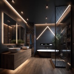Modern Luxury Bathroom with Designer Touches, Freestanding Bathtub, and LED Lighting..