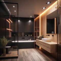 A Glamorous Designer Bathroom with Luxurious Freestanding Bathtub and LED Lighting..