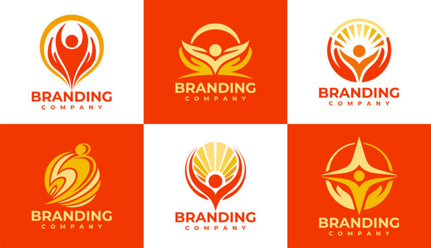 Modern abstract human hand logo design set. Simple people health therapy logo.
