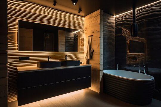 Bathroom with Freestanding Bathtub, Luxury Accents, and liniar LED Illumination..