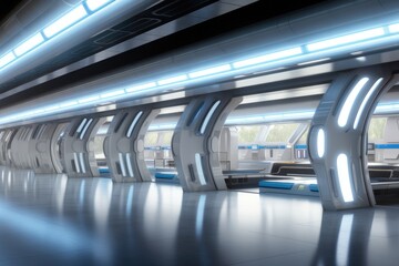 Obraz premium Futuristic Neon-Lit Big Hall with Reflective Floors - Generative AI Illustration