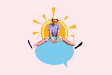 Picture collage of young overjoyed guy sitting empty space chatterbox bubble cloud speech crazy emotion isolated over orange background