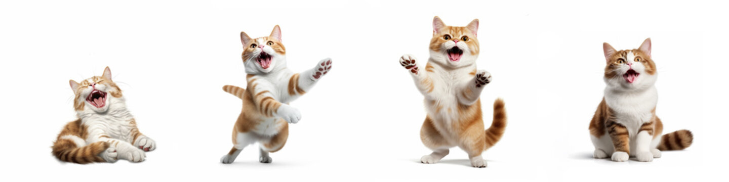 Animals Pets Cat Banner Panorama Long - Collection Of Funny Cute Crazy Laughing Lying, Jumping, Standing, Sitting White Brown Cats, Isolated On White Background, Generative AI