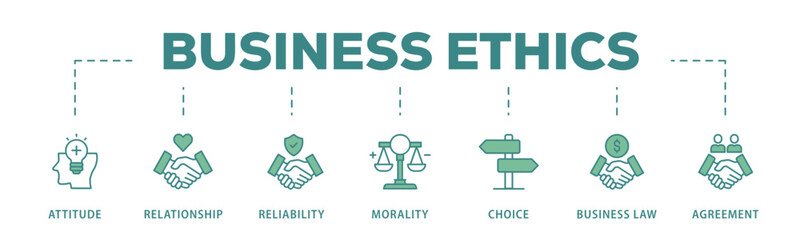 Business ethics banner web icon vector illustration concept with icon of attitude, relationship, reliability, morality, choice, business law and agreement
