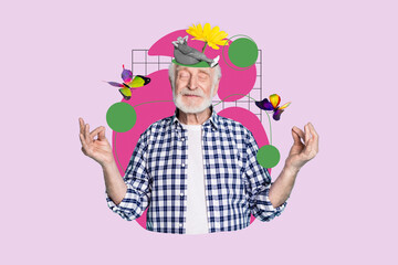 Portrait collage photo of retired man closed eyes dreaming concentration meditation summertime holidays isolated on pink color background