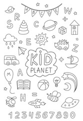Children's black and white doodle set of different hand-drawn icons. Kindergarten. Vector illustration for backgrounds, web design, design elements, textile prints, covers