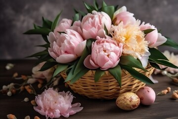holiday easter spring pink background egg tradition peony flower floral blossom. Generative AI.