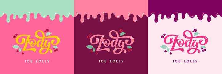 Vector Illustration with letters Lody (mean Ice cream in Polish) on tasty background with berries and mint - obrazy, fototapety, plakaty