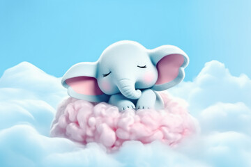 Lindo elefante entre nubes de algodon rosa y cielo azul durmiendo. Ilustracion de IA generativa