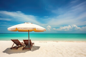 beach chairs and umbrella on the beach, ai generative