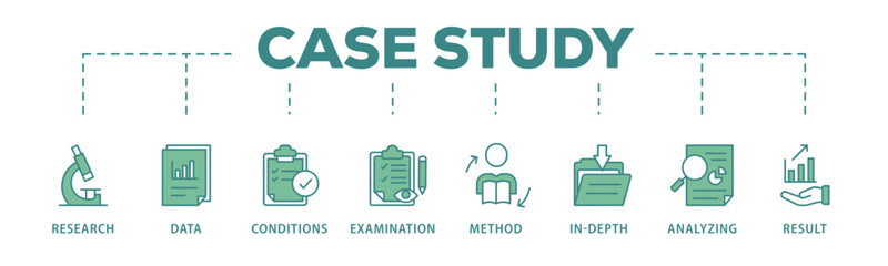 Case study banner web icon vector illustration concept with icon of research, data, conditions, examination, method, in-depth, analyzing, and result
