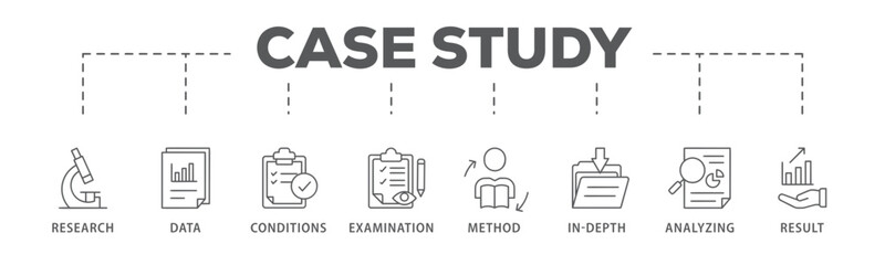 Case study banner web icon vector illustration concept with icon of research, data, conditions, examination, method, in-depth, analyzing, and result
