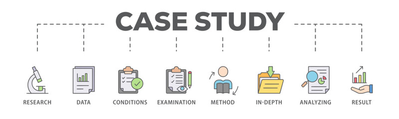 Fototapeta na wymiar Case study banner web icon vector illustration concept with icon of research, data, conditions, examination, method, in-depth, analyzing, and result 