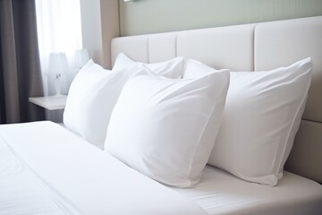 bed with white pillows in hotel, ai generative