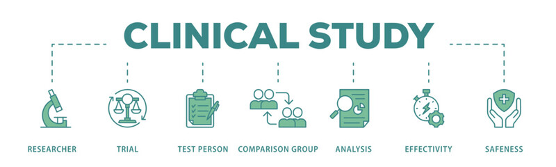 Clinical study banner web icon vector illustration concept for clinical trial research with an icon of researcher, trial, test person, comparison group, analysis, effectivity, and safeness
