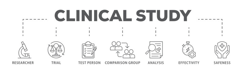 Clinical study banner web icon vector illustration concept for clinical trial research with an icon of researcher, trial, test person, comparison group, analysis, effectivity, and safeness
