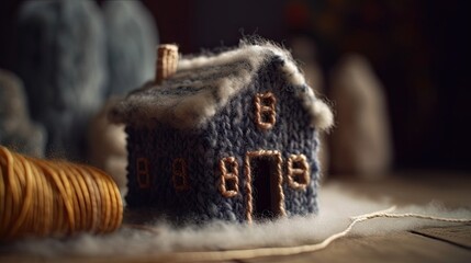 cuty tiny house made entirely of wool in a cozy and magic environment. real estate communication. generative ai illustration