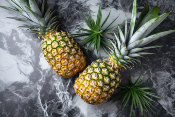 Obraz premium Tasty whole pineapples with leaves on stone table top view. Generative AI