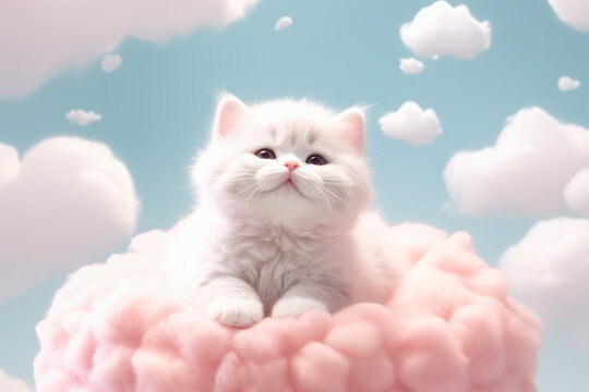 Lindo gatito blanco entre nubes de algodon rosas y blancas.Ilustracion de IA generativa