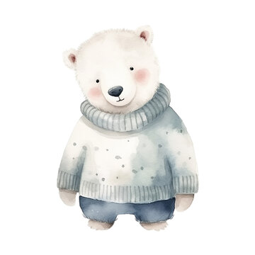 Watercolor christmas polar bear in clothes isolated on white. 